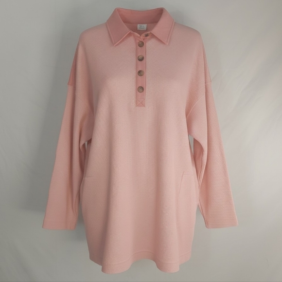 no brand Tops - Waffle Knit Polo Tunic Top XL Peach Pink Oversized Thermal Long Sleeve Pockets
